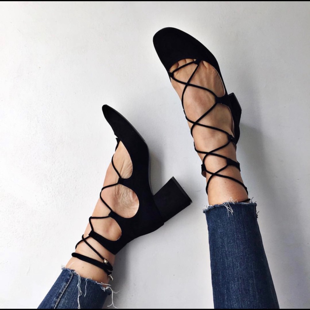 Zara lace up black suede blocked square toe heels